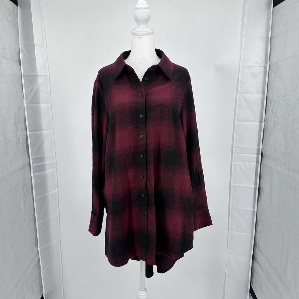 Lisa Rinna Collection Plaid High-Low‎ Drop Tail Tunic Shirt Burgundy Black M